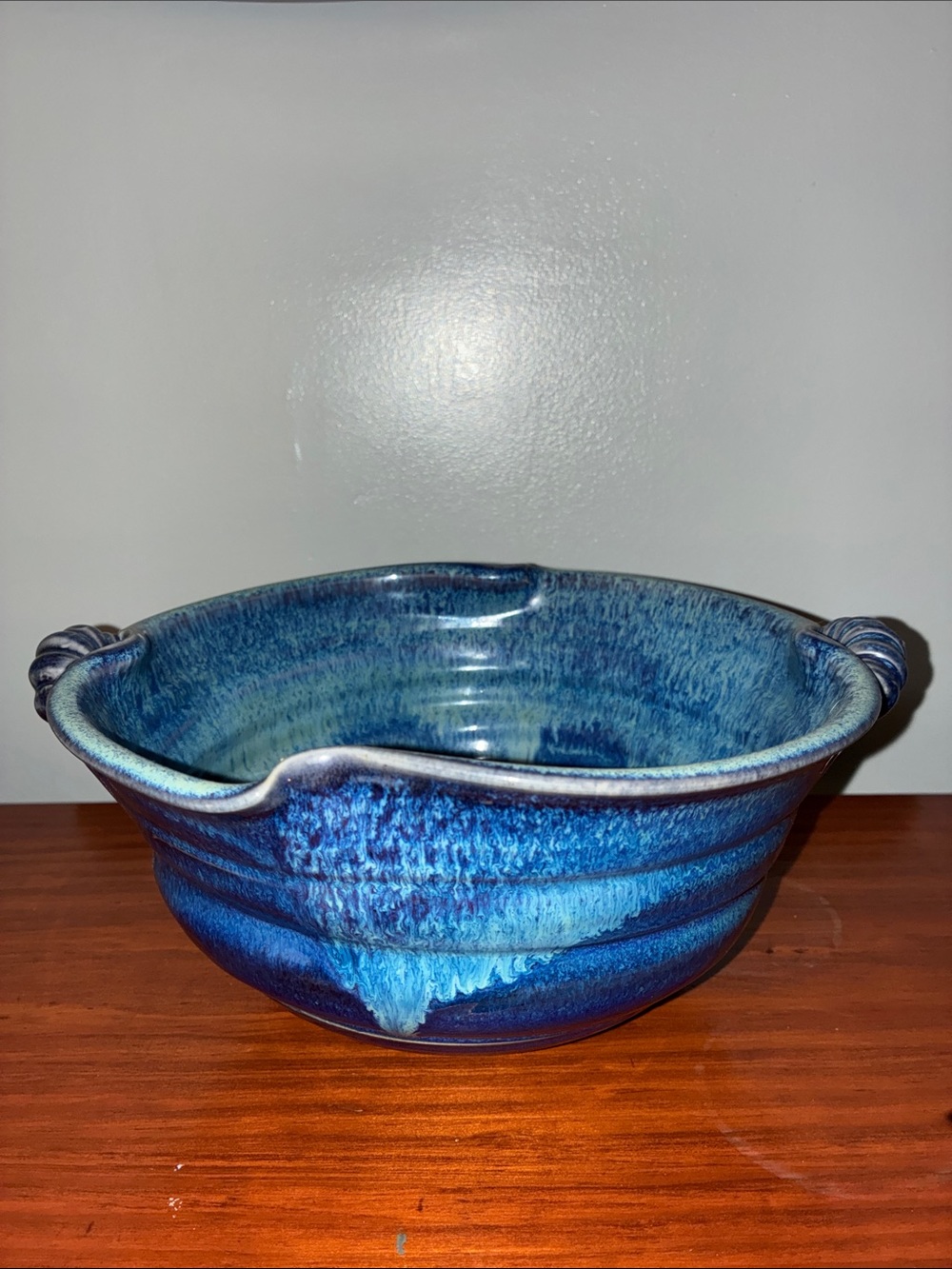 I.B. Remsen Signed Blue Drip Glaze Studio Pottery Bowl Shell Handles